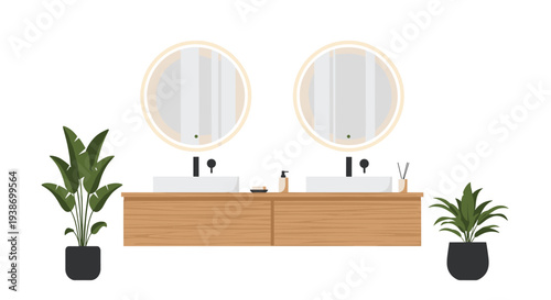 A minimalist illustration displays a modern bathroom vanity with a light wooden cabinet, two white sinks, two circular illuminated mirrors, and two potted green plants on a pristine white background.