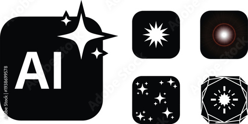 A collection of glowing star and lens flare icons represents advanced artificial intelligence processing capabilities.