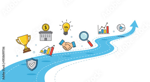 A light blue winding pathway with dashed lines features eight colorful business and success icons, including money and a shield, on a clean white background.