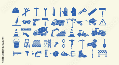 Blue Construction Icon Set Featuring Professional Building Tools and Heavy Machinery Equipment Vector
