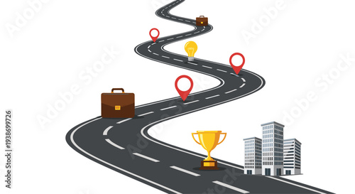 A dark grey winding roadway with dashed lines features five red map pins, two briefcases, a golden trophy, and buildings on a white background.
