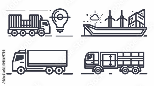 Stylized line art illustrations showcasing various transportation methods and energy concepts