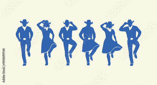 Group of cowboy and cowgirl silhouettes performing country western line dance in traditional gear