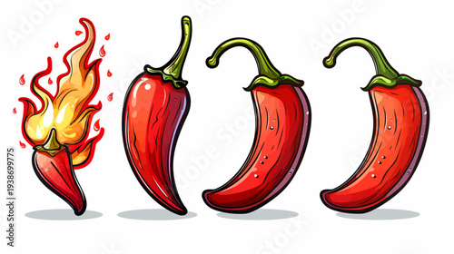 Digitally created illustration showcasing three red chili peppers, one with flames. White background