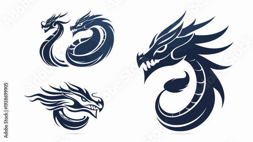 Four stylized dragon illustrations in dark blue on a white background, suitable for graphic design