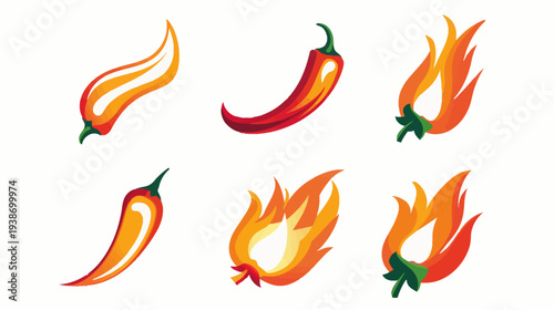 A collection of stylized illustrations featuring different fiery chili peppers and flames