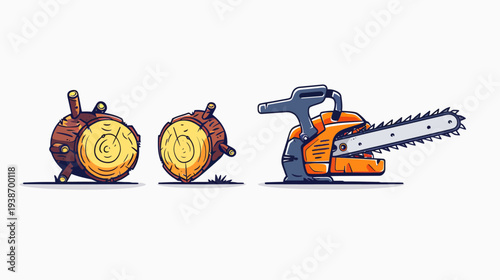 A cartoon illustration featuring two logs and a chainsaw on a white background