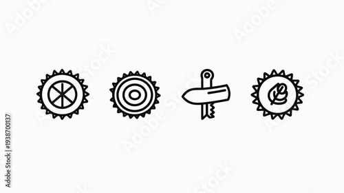 Four black outlined icons on a white background cog, target, signpost, and leaf symbol