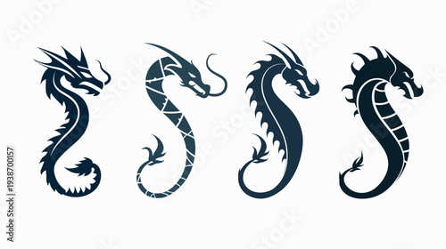 Four stylized dragon illustrations in varying designs, rendered in dark blue against a white background