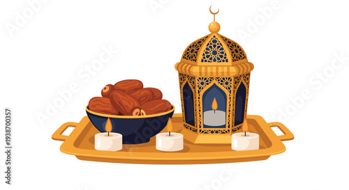 A golden tray holds a blue bowl of dates, an ornate golden lantern, and three small lit candles on a white background.