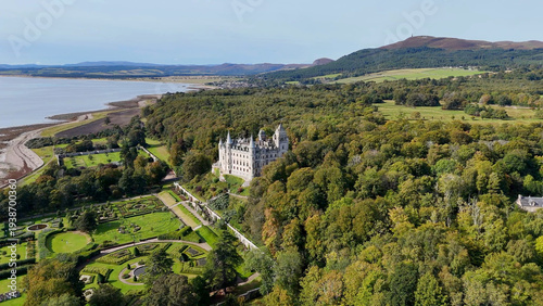 Magnificent Aerial View of Dunrobin Castle Architecture, a Historic French Châteaux Style Estate with Iconic Turrets and Spires in the Heart of the Scottish Highlands, Sutherland, UK.