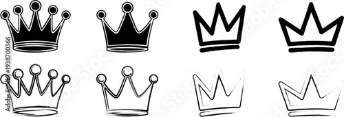 Grunge crown icon set in hand drawn brush style, black and white vintage royalty symbols