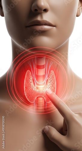 Human neck featuring a highlighted thyroid gland, indicating thyroid disease, medical diagnosis, endocrine system pathology, health awareness, and potential inflammation