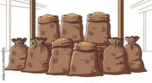 A collection of nine brown burlap sacks filled with golden grain are stacked in varying sizes within a rustic indoor storage area.