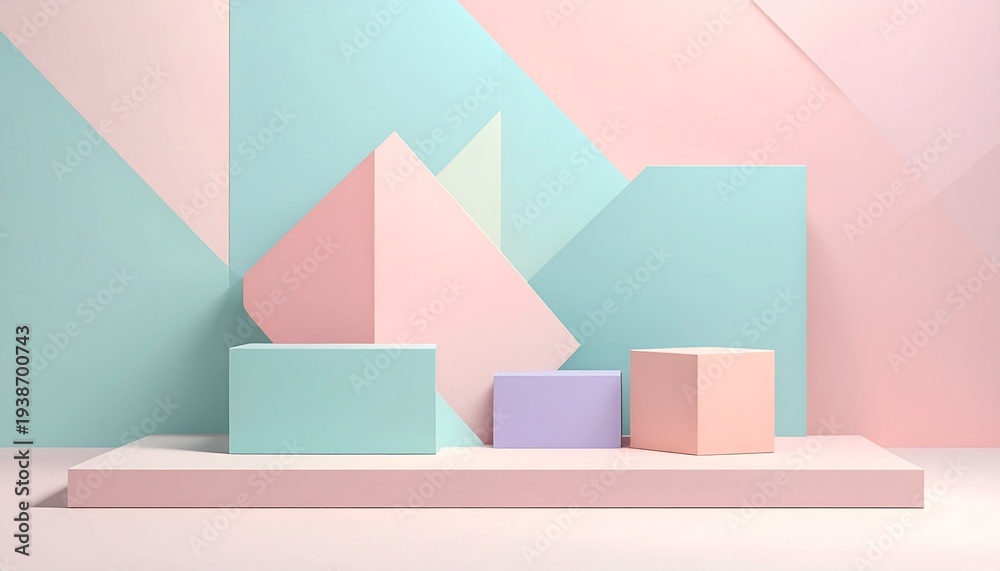 Fototapeta premium Minimalist pastel geometric shapes on shelf with soft gradient background