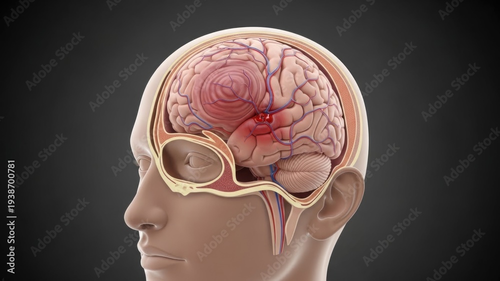 Obraz premium Traumatic brain injury, critical neurological damage, detailed human head cross section, internal cerebral hemorrhage, vital medical emergency, serious health implication,