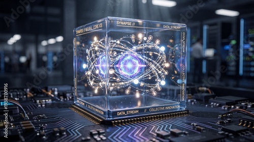 Futuristic quantum computing microchip with glowing neural network pathways inside a transparent cube on a circuit board, generative AI concept