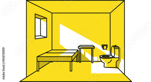 Minimalist yellow prison cell illustration with bed, toilet, window, and light