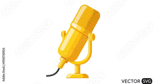 Golden Vintage Microphone on Stand, Retro Audio Equipment, Podcast Studio Icon