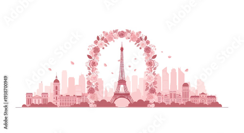 Paris skyline with Eiffel Tower framed by floral arch, pink silhouette, romantic cityscape