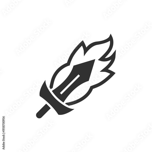 Flaming sword icon. Burning fantasy weapon. Monochrome black and white symbol