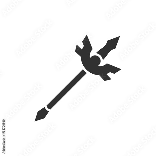 Magic spear with winged ornament icon. Fantasy magical staff weapon. Monochrome black and white symbol