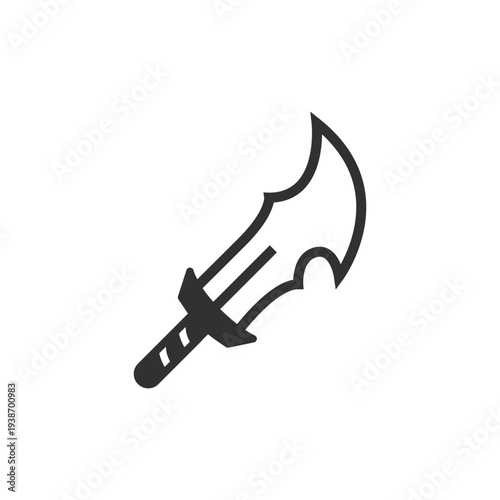 Short fantasy sword icon. Curved magical blade weapon. Monochrome black and white symbol