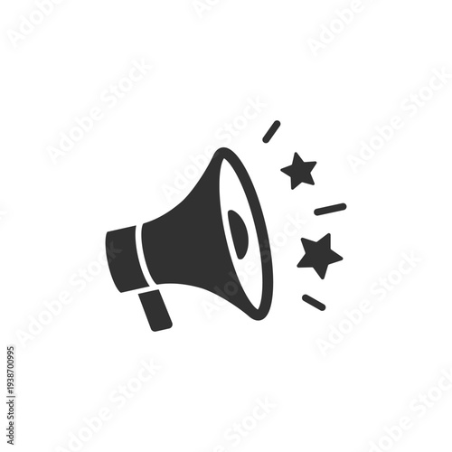 Megaphone with sparkles icon. Loud brand promotion and marketing announcement. Monochrome black and white symbol