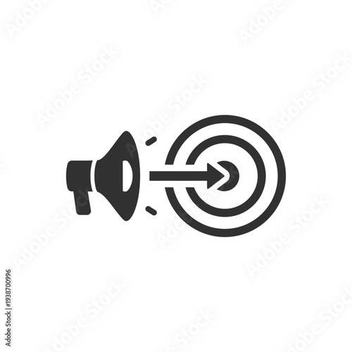 Megaphone aiming at target icon. Target marketing and advertising strategy. Monochrome black and white symbol