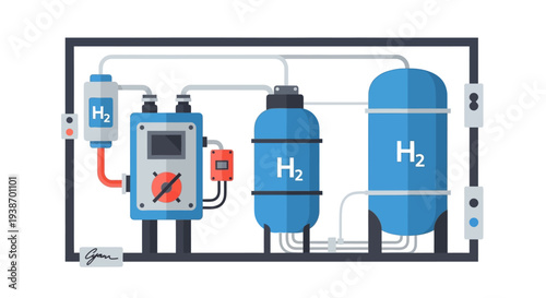 Diagram illustrating a compact hydrogen production and storage system, featuring a control unit, purification filter, and storage tanks.