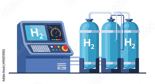 Industrial equipment for hydrogen production and storage, featuring a control panel and three large H2 tanks.