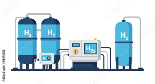 Illustration of a hydrogen production and storage facility with tanks and processing equipment.