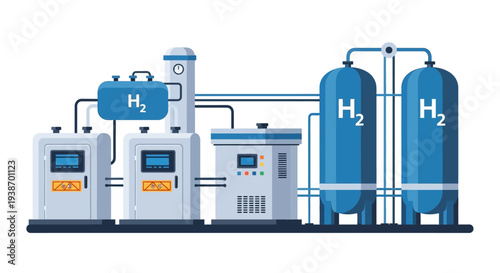 Illustration of a modern hydrogen production and storage facility with advanced equipment and large tanks.