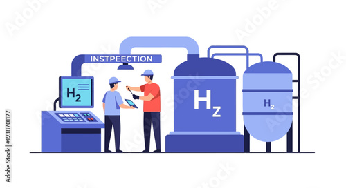 Two engineers inspecting a hydrogen production and storage facility with advanced control systems and large H2 tanks.