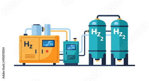 Illustration of a hydrogen production and storage system, featuring a yellow generator unit and two large H2 tanks.