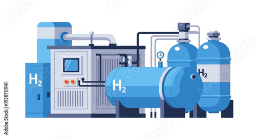 Illustration of a hydrogen production and storage facility with tanks and equipment.