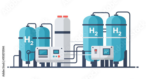 Illustration of a modern hydrogen production and storage facility with large H2 tanks and control panels.