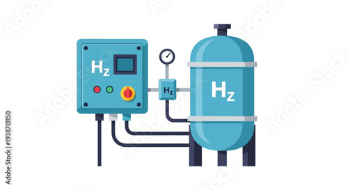 Illustration of a hydrogen production and storage system, featuring a control panel and a large storage tank labeled H2.