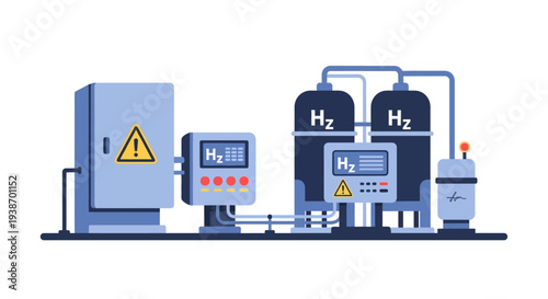 Illustration of a hydrogen production and storage system with control panels and warning signs.