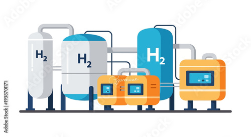 Illustration of a modern hydrogen production and storage facility with multiple tanks and processing units.