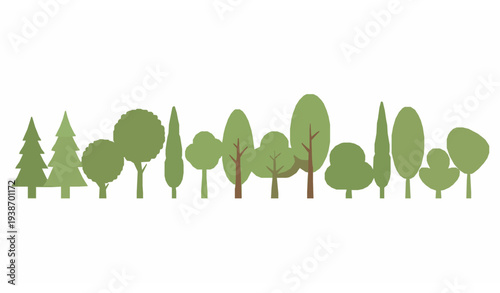 Stylized forest panorama border with green woodland trees flat vector isolated on white