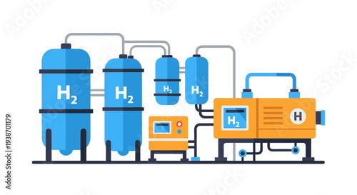Illustration of a hydrogen production and storage facility, showcasing tanks and processing equipment for clean energy.