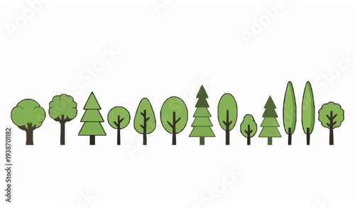 Green forest trees border vector with simple stylized woodland panorama isolated on white