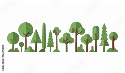 Modern woodland forest border with stylized green trees panorama vector isolated on white