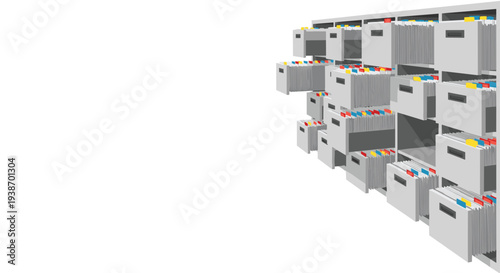 A vast array of grey shelves filled with numerous grey file boxes, each featuring colorful tabs, extends diagonally into the distance on the right side of the frame.