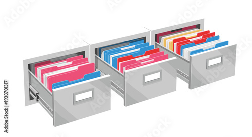 Three open grey filing cabinet drawers are prominently displayed, each filled with an assortment of colorful hanging folders in shades of pink, blue, and red, against a clean white background.