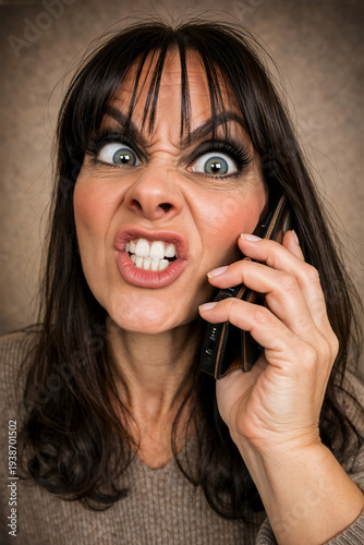 Wütende Frau beschwert sich am Smartphone – aggressives Telefonat