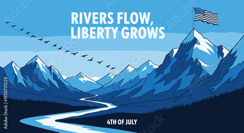 Vector illustration of American flag on mountain with river and birds for 4th of July
