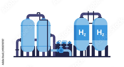 Illustration of a hydrogen production and storage facility with multiple blue tanks and interconnected piping system, representing clean energy infrastructure.