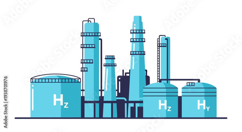 Industrial facility for hydrogen production and storage with multiple tanks and towers, illustrating a chemical plant or refinery.
